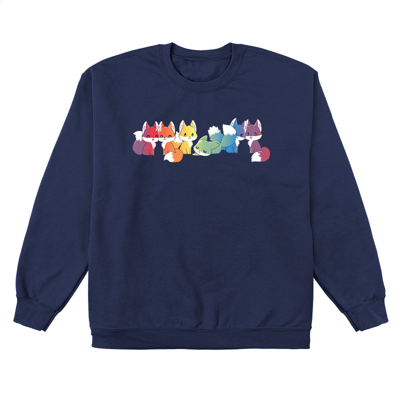 Crew Neck Sweatshirt_Illustration of seven cartoon foxes in a line, each in a different color: red, orange, yellow, green, blue, indigo, and purple against a dark background on a Navy Blue apparel from monsterdigital's Rainbow Foxes collection.