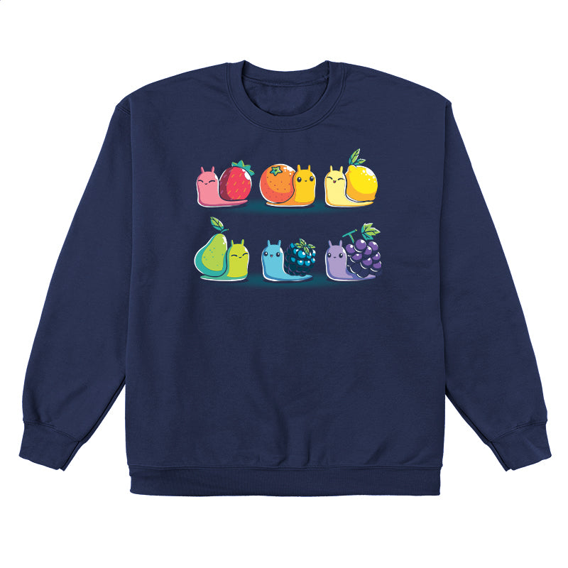 Crew Neck Sweatshirt_TeeTurtle Rainbow Fruit Snails navy blue t-shirt featuring six colorful rainbow fruit snails with fruit shells: strawberry, orange, lemon, pear, blackberry, and grape.