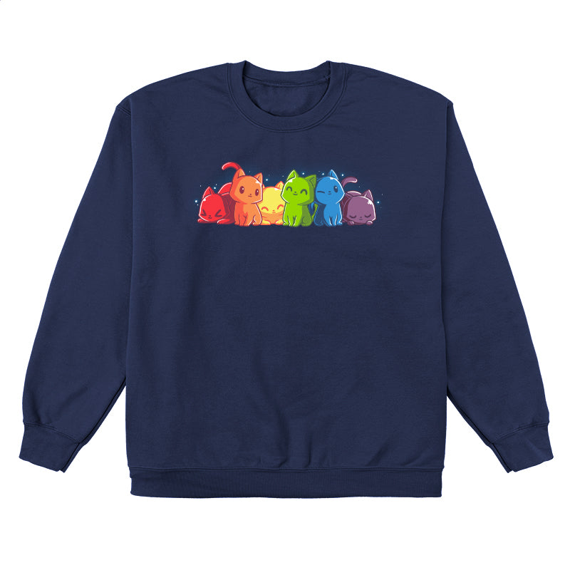 Crew Neck Sweatshirt_TeeTurtle navy blue Rainbow Kitties. Featuring a row of kittens in a rainbow color sequence.