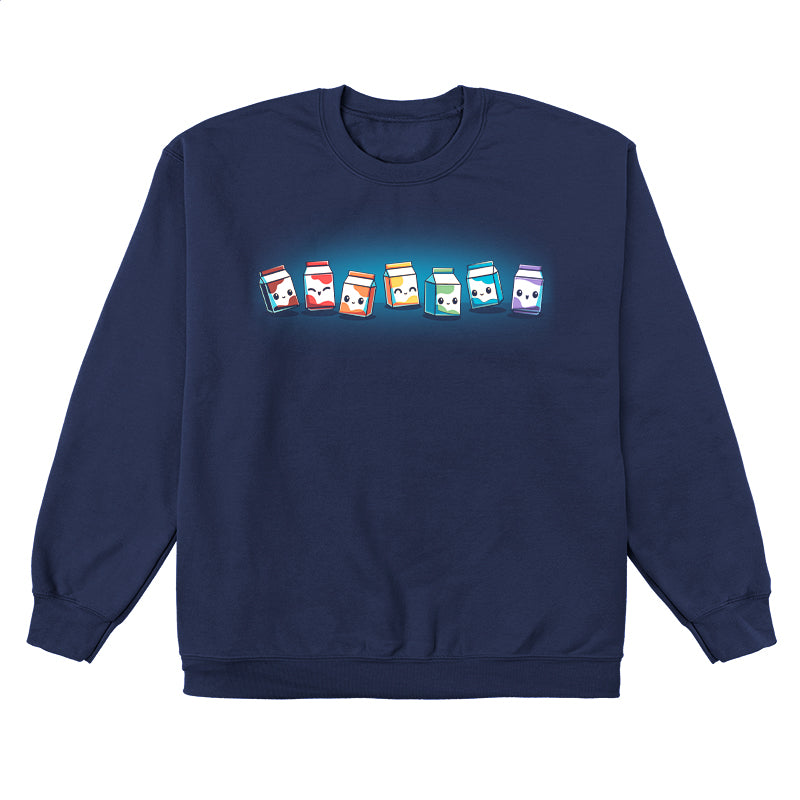 Crew Neck Sweatshirt_TeeTurtle rainbow milk navy blue design featuring A row of six milk cartons, each with a different facial expression and color.