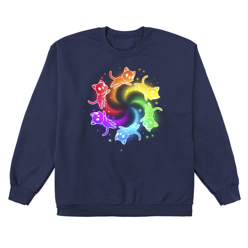 Crew Neck Sweatshirt_TeeTurtle navy blue Rainbow Space Cats apparel featuring rainbow cats running in a circle trailing sparkles.