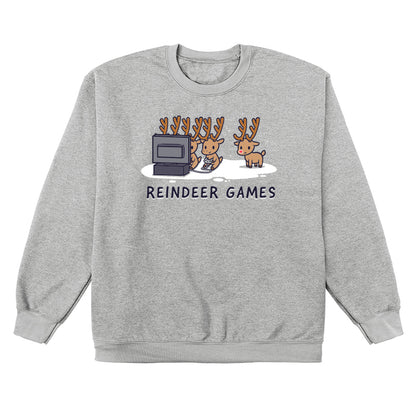 Crew Neck Sweatshirt_TeeTurtle Reindeer Games heather gray design featuring Christmas reindeer playing video games