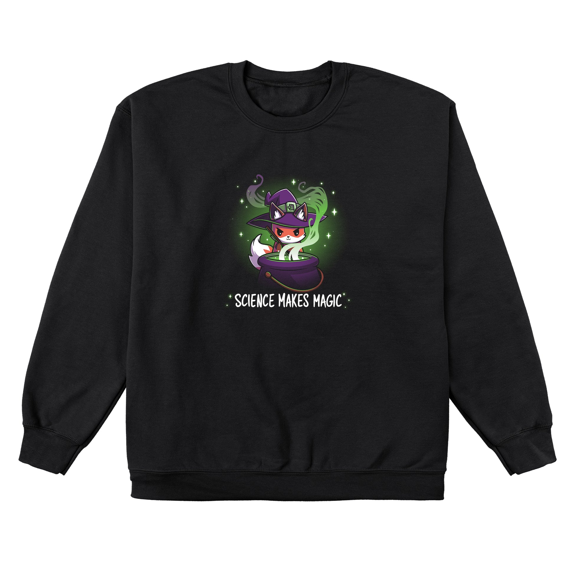 Crew Neck Sweatshirt_TeeTurtle Science Makes Magic black design featuring a fantasy fox wearing a purple witch hat, stirring a cauldron with green smoke and sparkles rising. Text below reads, "SCIENCE MAKES MAGIC."