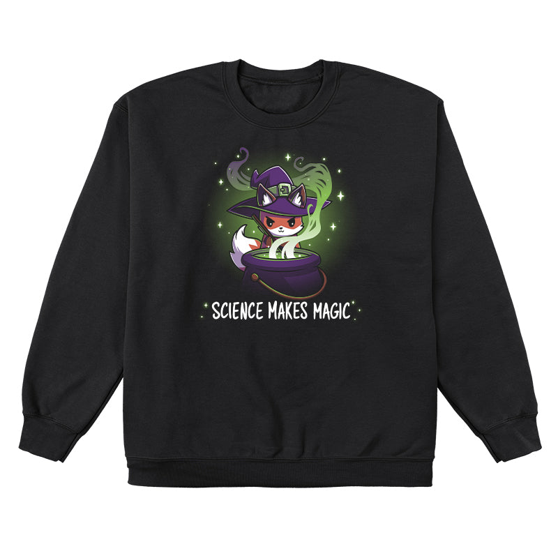 Crew Neck Sweatshirt_TeeTurtle Science Makes Magic black design featuring a fantasy fox wearing a purple witch hat, stirring a cauldron with green smoke and sparkles rising. Text below reads, "SCIENCE MAKES MAGIC."