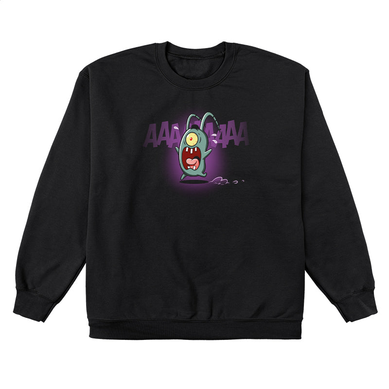 Crew Neck Sweatshirt_TeeTurtle black Screaming Plankton apparel featuring Plankton screaming and running away.