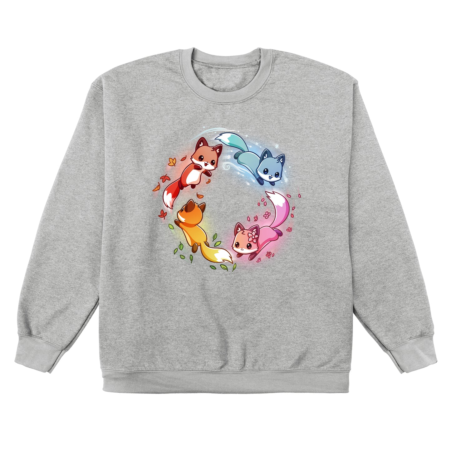 Crew Neck Sweatshirt_TeeTurtle heather gray Seasonal Foxes apparel featuring a pink spring fox, gold summer fox, orange autumn fox, and blue winter fox chasing each other in a circle.