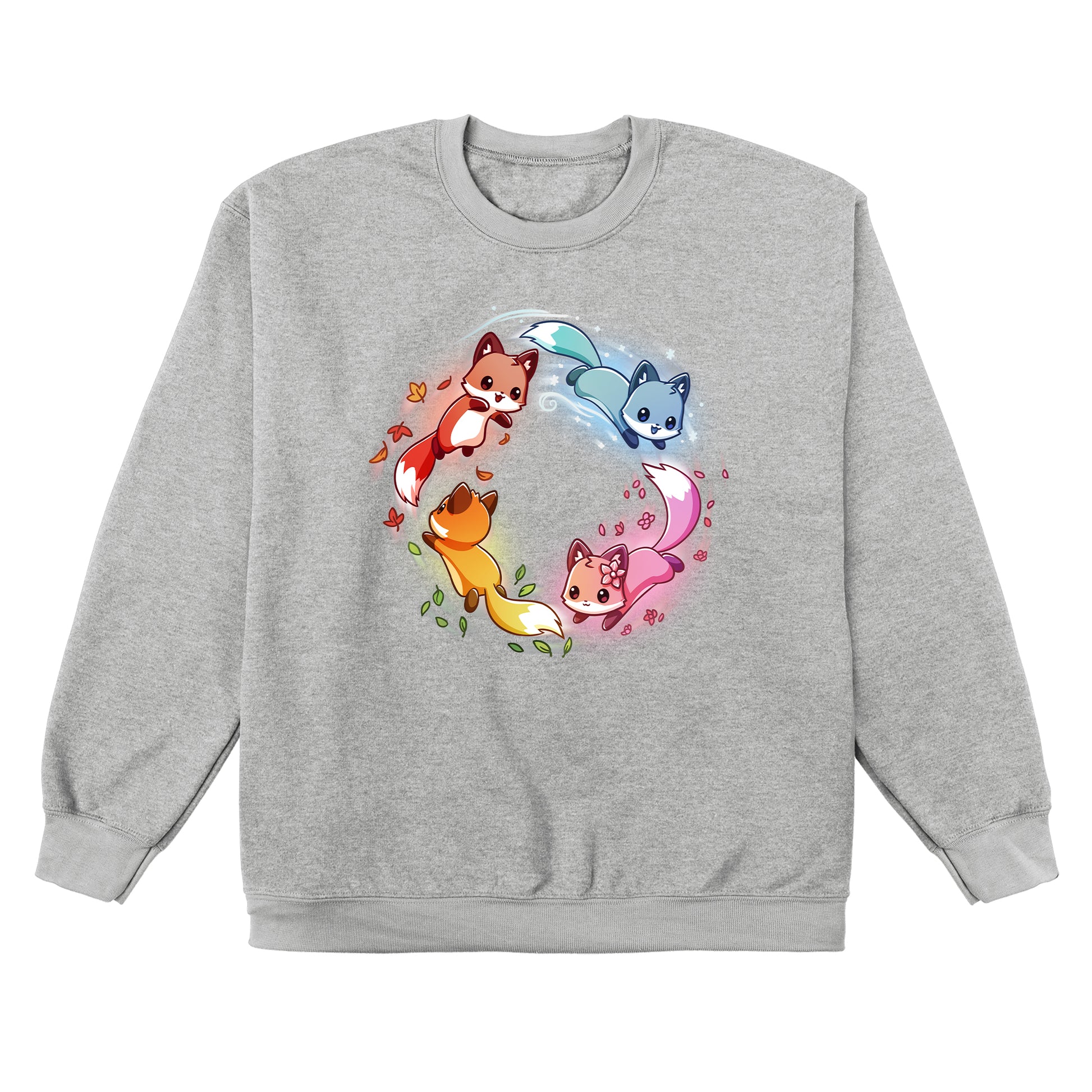 Crew Neck Sweatshirt_TeeTurtle heather gray Seasonal Foxes apparel featuring a pink spring fox, gold summer fox, orange autumn fox, and blue winter fox chasing each other in a circle.