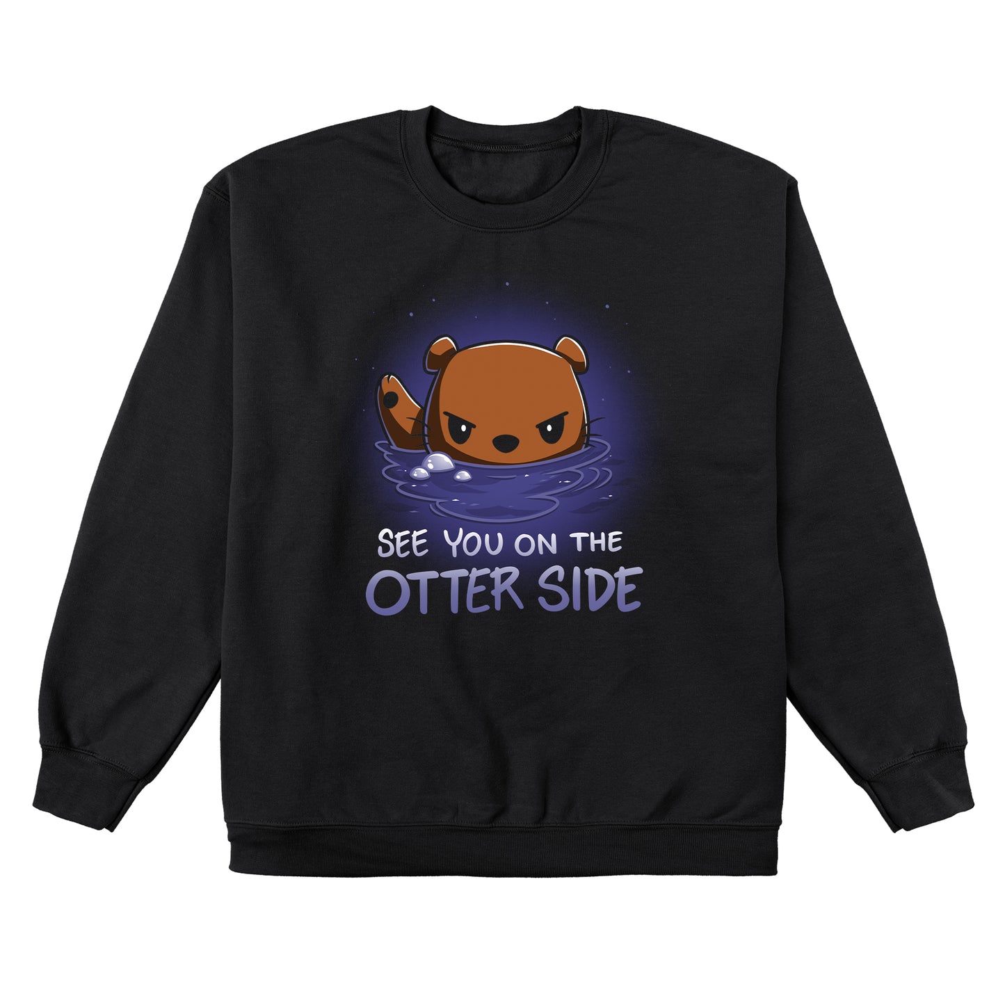 Long Sleeve T-shirt_TeeTurtle See you on the Otter Side black t-shirt featuring sarcastic cartoon otter with a serious expression partially submerged in water with bubbles around.