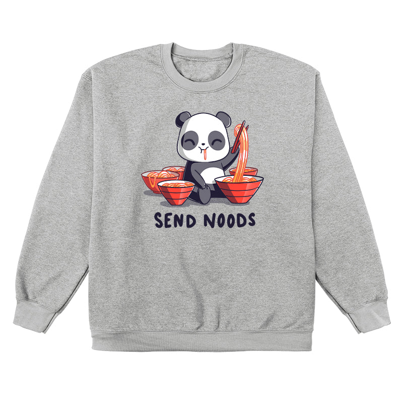 Crew Neck Sweatshirt_A cartoon panda joyfully eating noodles with chopsticks, surrounded by bowls of noodles. Text at the bottom reads, "SEND NOODS." Made from super soft ringspun cotton, this unisex Send Noods apparelby monsterdigital is perfect for noodle lovers everywhere.