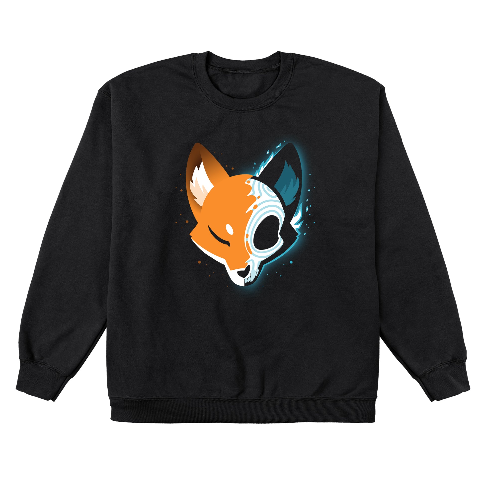 Crew Neck Sweatshirt_Teeturtle Skull Fox Black design featuring a spooky stylized fox head facing forward, with one half in a stylized x-ray view showing a Day of the Dead/Dios de los Muertos skull.