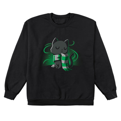 Crew Neck Sweatshirt_TeeTurtle black Sneaky Kitty. Featuring a haughty black cat with a silver and green striped scarf.