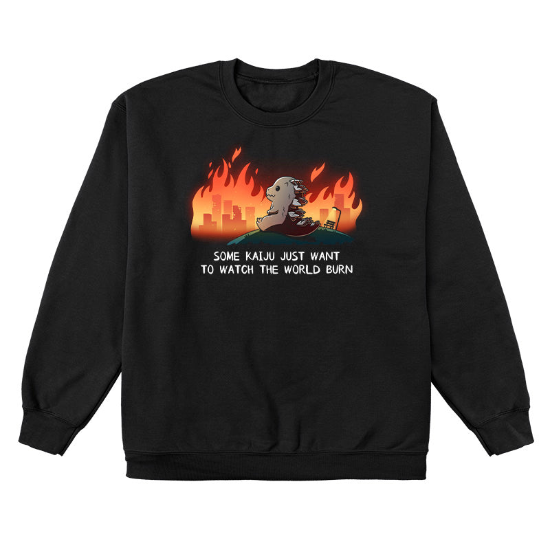 Crew Neck Sweatshirt_TeeTurtle black Some Kaiju Just Want to Watch the World Burn apparel featuring a happy Godzilla sitting on a hill watching a burning city in the distance, and the caption, “Some Kaiju Just Want to Watch the World Burn“.