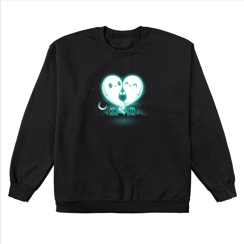 Crew Neck Sweatshirt_TeeTurtle Soulmates black design featuring two glowing ghost figures, forming a heart shape, float above two gravestones that read "R.I.P."