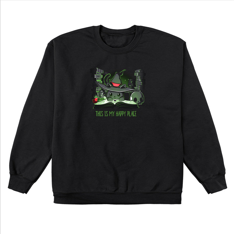 Crew Neck Sweatshirt_TeeTurtle black Spellbound. Featuring a black cat wearing a witch hat surrounded by spellbooks and witchcraft paraphernalia.