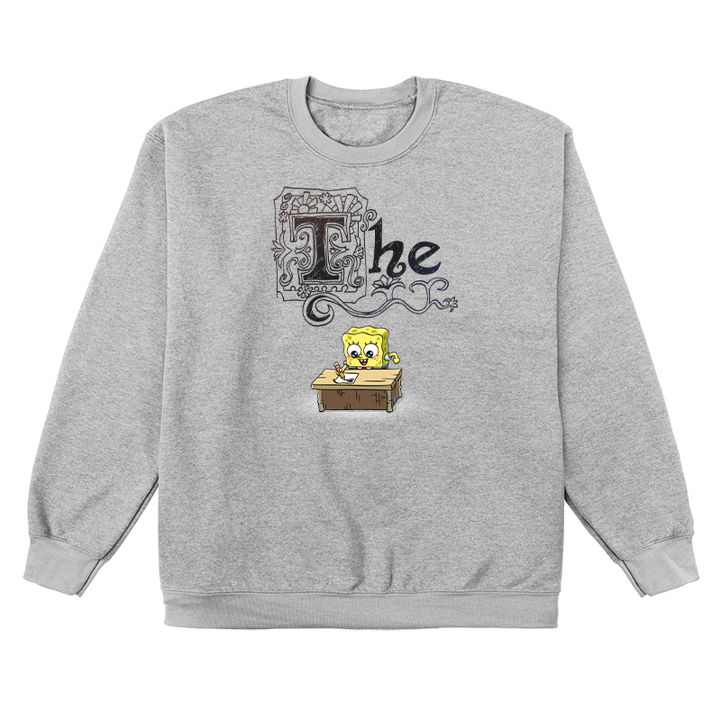 Crew Neck Sweatshirt_TeeTurtle heather gray SpongeBob's Essay apparel featuring SpongeBob sitting at a desk with a pencil writing his essay, with the word, “The” decorated with many flourishes on top.