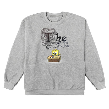 Crew Neck Sweatshirt_TeeTurtle heather gray SpongeBob's Essay apparel featuring SpongeBob sitting at a desk with a pencil writing his essay, with the word, “The” decorated with many flourishes on top.