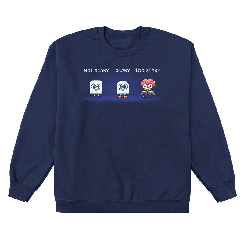 Crew Neck Sweatshirt_TeeTurtle navy blue SpongeBob Scariness Range apparel featuring SpongeBob SquarePants in the Halloween costumes of: a sheet ghost with a square outline with the caption, “Not Scary“, a sheet ghost with a rounded outline with the caption, “Scary“, and missing some parts of his head so that his brain is exposed with the caption, “Too Scary“.