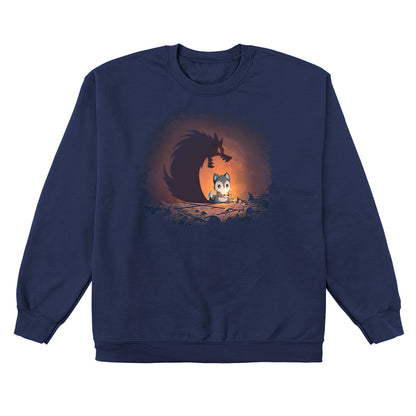 Crew Neck Sweatshirt_TeeTurtle navy blue Spooky Shadow apparel featuring a wolf holding a candle with a shadow of a werewolf with its jaws open.