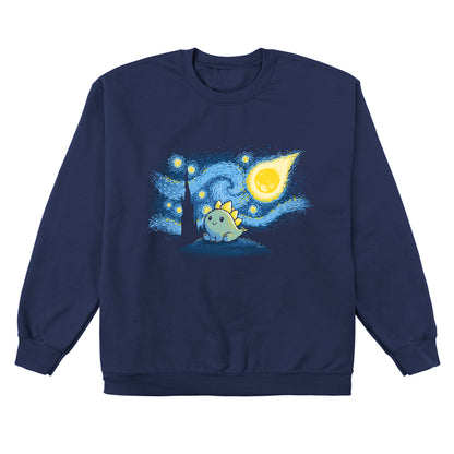 Crew Neck Sweatshirt_TeeTurtle Stego Night navy blue design featuring an illustration of a cute dinosaur with stegosaurus-like plates, set against a "Starry Night"-inspired background.