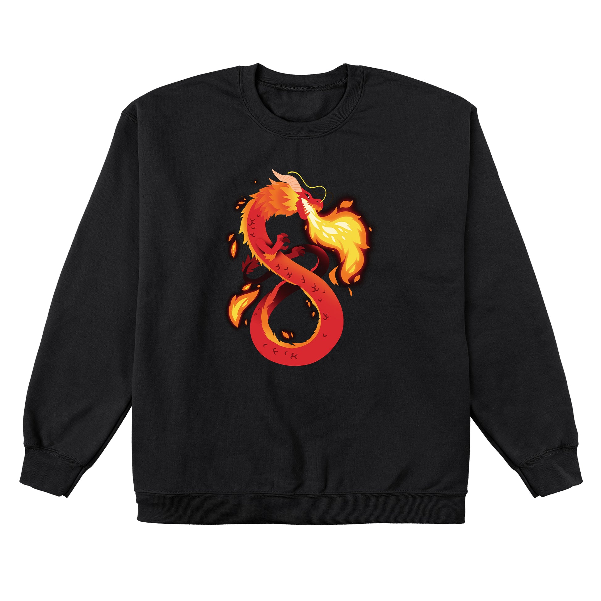 Crew Neck Sweatshirt_TeeTurtle Summer Dragon black design featuring a red and orange fantasy dragon breathing fire.