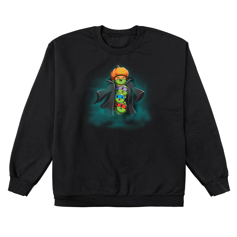 Crew Neck Sweatshirt_TeeTurtle black TMNT Stack-o'-Lantern apparel featuring Michelangelo, Donatello, Leonardo, and Raphael in a stack wearing a trench coat with Michelangelo holding a pumpkin as their costume’s head, and with a spooky foggy background.