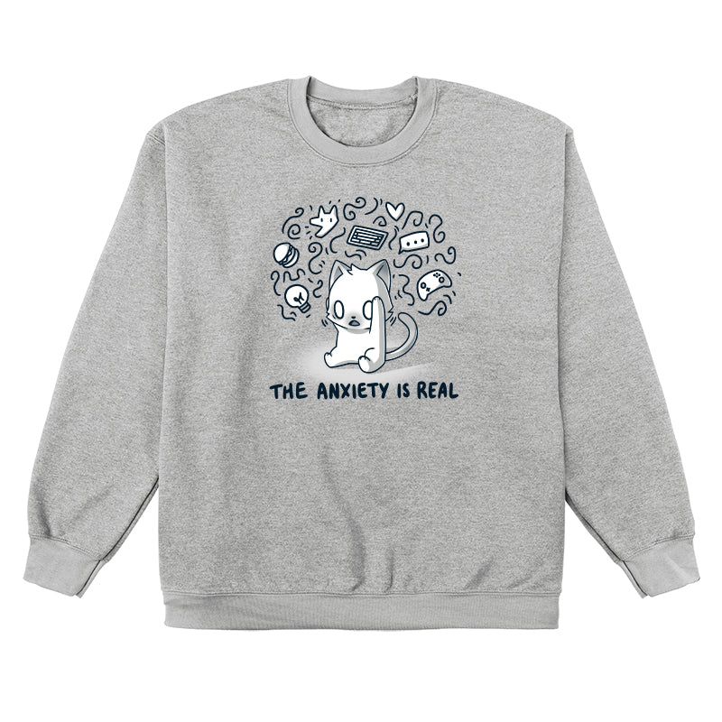 Crew Neck Sweatshirt_Teeturtle The Anxiety is Real Heather Gray Featuring an anxious white cat holding its head while imagining all the various things it's anxious about with the image set above the words 'The Anxiety is Real'.