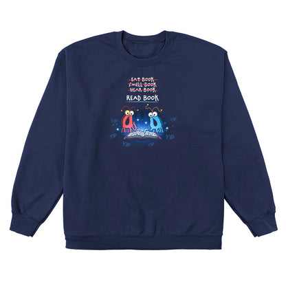 Crew Neck Sweatshirt_TeeTurtle navy The Martians Read Book Crew Neck Sweatshirt featuring the red and blue yip yip martians from Sesame Street in a classic moment where they are trying to figure out what to do with a book that is open in front of them. Text above them reads "Eat Book," "Smell Book," and "Hear Book" with all of them crossed out and "Read Book" underneath. They are surrounded by the word "yip." 