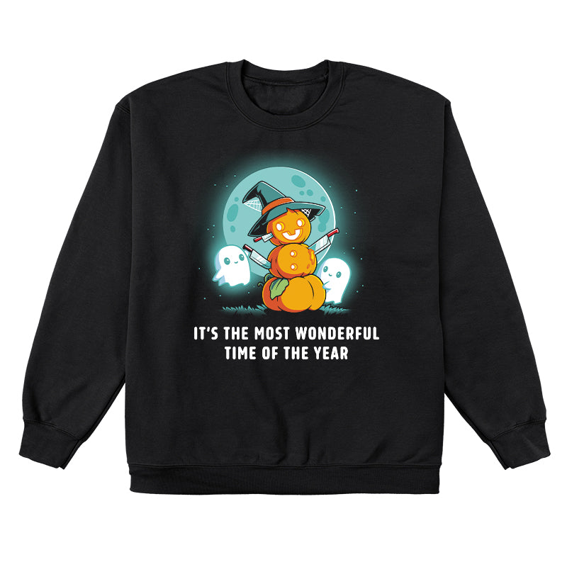 Crew Neck Sweatshirt_TeeTurtle black The Most Wonderful Time of the Year. Featuring a snowman made out of pumpkins with knives sticking out of it surrounded by ghosts.