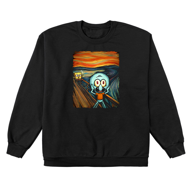 Crew Neck Sweatshirt_TeeTurtle black The Scream apparel featuring a screaming Squidward with SpongeBob running towards him in the background done in a style reminiscent of the painting The Scream.