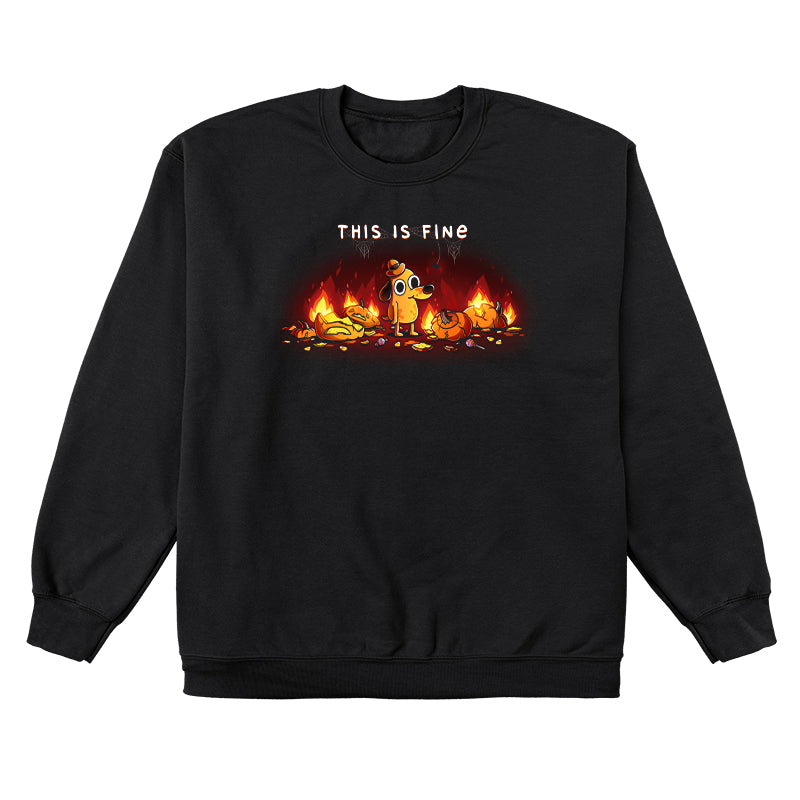 Crew Neck Sweatshirt_TeeTurtle black This is Fine (Pumpkins) apparel featuring Question Hound from KC Green surrounded by pumpkins on fire with the caption, “This is Fine“.