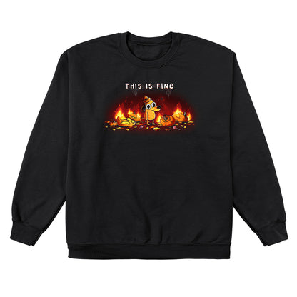 Crew Neck Sweatshirt_TeeTurtle black This is Fine (Pumpkins) apparel featuring Question Hound from KC Green surrounded by pumpkins on fire with the caption, “This is Fine“.