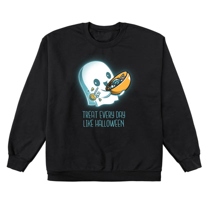 Crew Neck Sweatshirt_Teeturtle Treat Every Day Like Halloween black design featuring a cute ghost with a bowl full of candy and the words 'Treat Every Day Like Halloween' beneath.