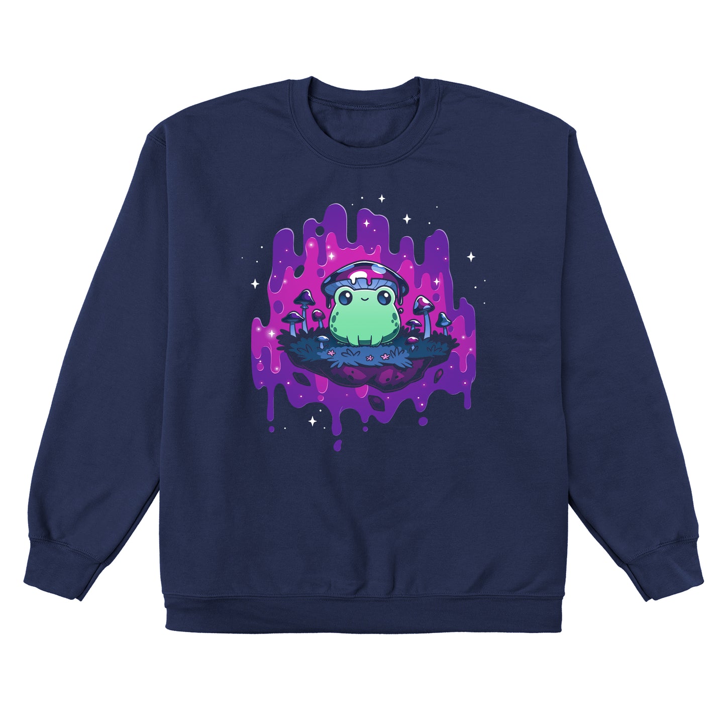 Crew Neck Sweatshirt_TeeTurtle navy blue Trippy Toadstool apparel featuring a frog wearing a mushroom hat perched on a floating rock with a purple psychedelic dripping background surrounded by sparkles.