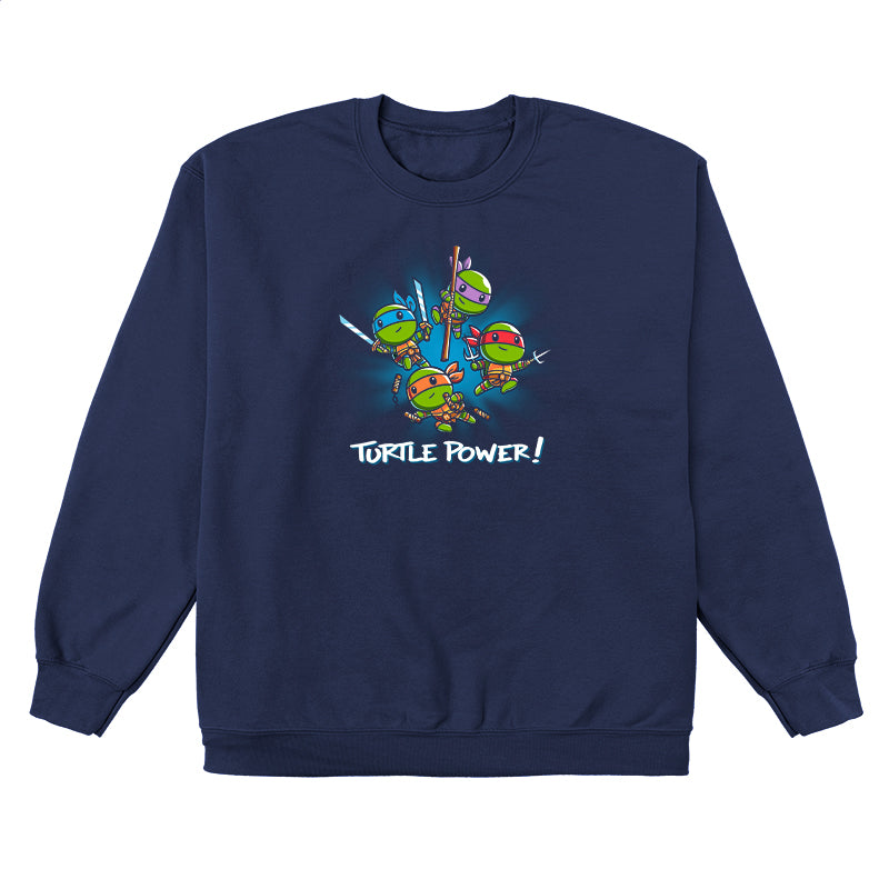 Crew Neck Sweatshirt_TeeTurtle navy blue Turtle Power apparel featuring Raphael, Leonardo, Michaelangelo, and Donatello with weapons drawn in dynamic leaping poses.