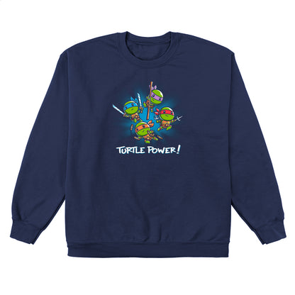 Crew Neck Sweatshirt_TeeTurtle navy blue Turtle Power apparel featuring Raphael, Leonardo, Michaelangelo, and Donatello with weapons drawn in dynamic leaping poses.