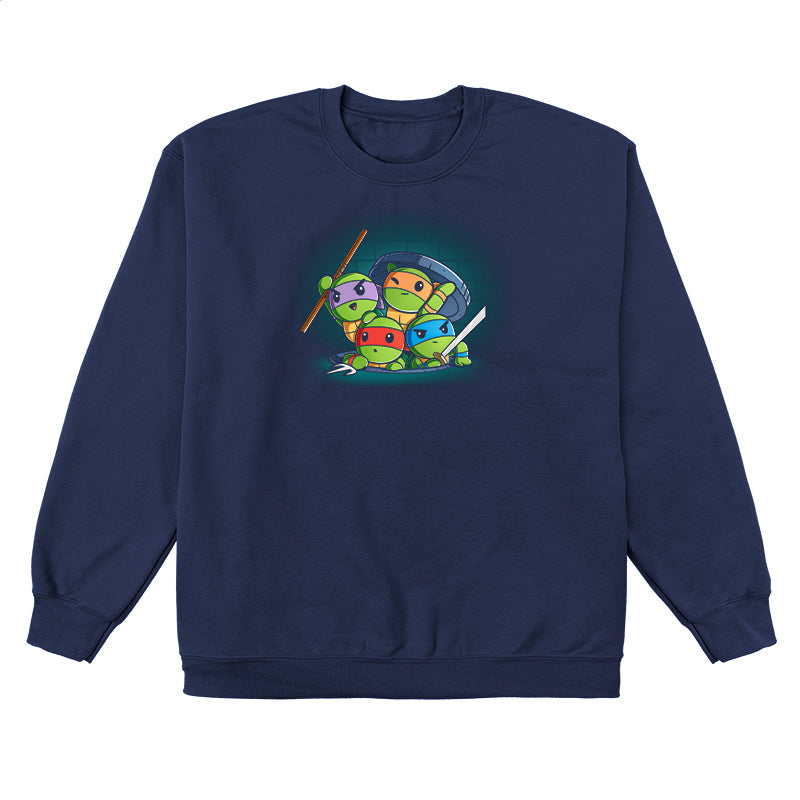 Crew Neck Sweatshirt_TeeTurtle navy blue Turtle Time! apparel featuring Raphael, Leonardo, Michelangelo, and Donatello climbing out of a manhole.