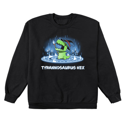 Crew Neck Sweatshirt_TeeTurtle black Tyrannosaurus Hex. Featuring a t-rex wearing a witch hat with a wand inside a summoning pentagram.