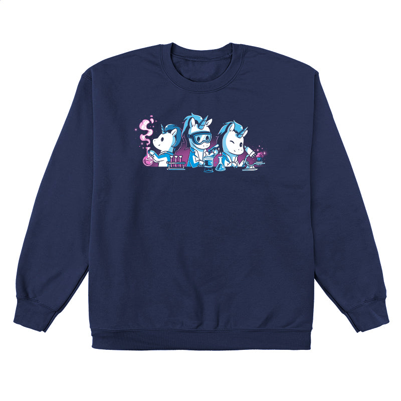 Crew Neck Sweatshirt_TeeTurtle Unicorn Scientists navy blue design featuring three unicorns conducting science experiments with lab equipment with one handling test tubes, another looking into a microscope, and a third pouring chemicals into a flask with vapor.