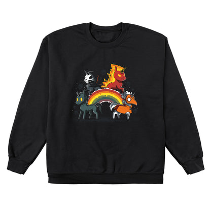 Pullover Hoodie_Four Unicorns of the Apocalypse stand on and around a rainbow. One has a cloak and scythe, another is fiery, the third has glowing eyes, and the fourth wears a plague doctor mask. Skulls are in the background. This haunting scene is beautifully captured on a black ringspun cotton Four Unicorns of the Apocalypse monsterdigital apparel.