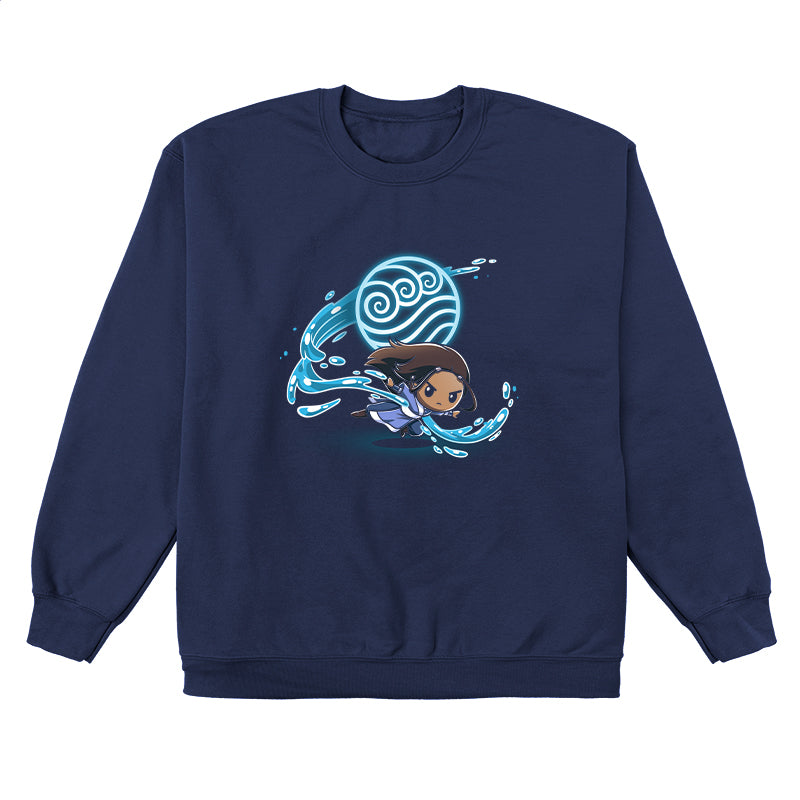 Crew Neck Sweatshirt_TeeTurtle navy blue Water Tribe apparel featuring Katara waterbending with the Water Nation symbol in the background.