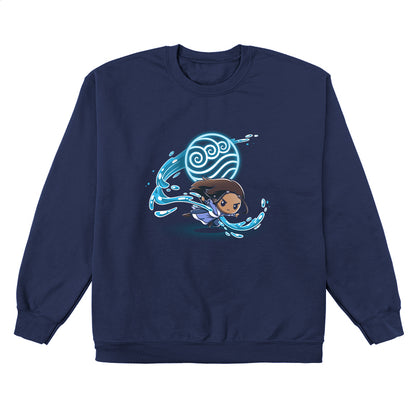 Crew Neck Sweatshirt_TeeTurtle navy blue Water Tribe apparel featuring Katara waterbending with the Water Nation symbol in the background.