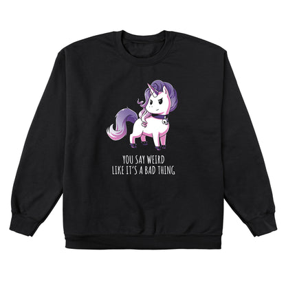 Crew Neck Sweatshirt_TeeTurtle black Weird Is Good. Featuring a unicorn with goth accessories.