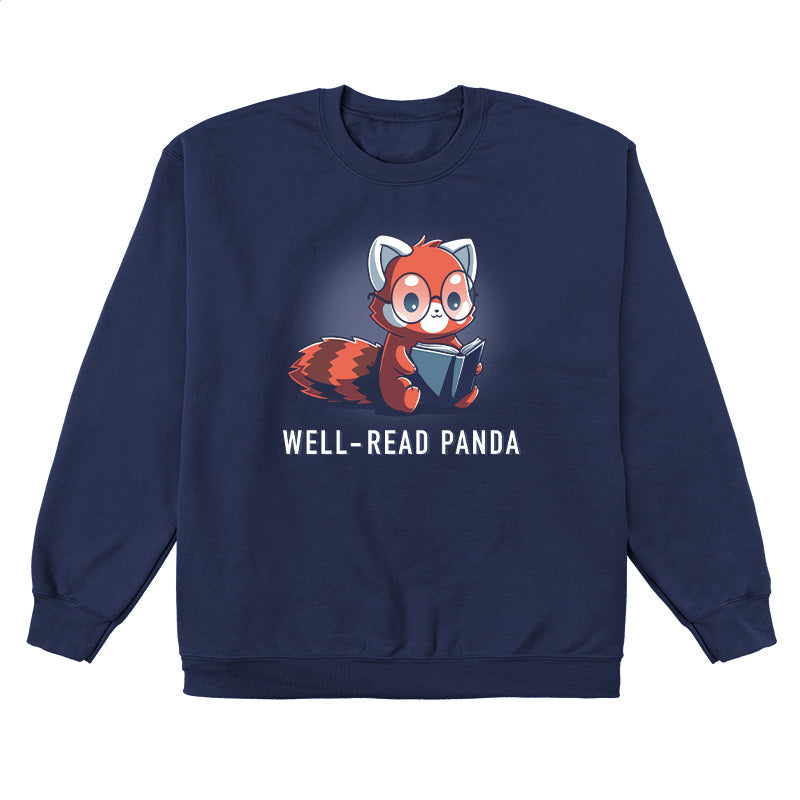 Crew Neck Sweatshirt_TeeTurtle Well-Read Panda navy blue t-shirt featuring a red panda wearing glasses and reading a book.