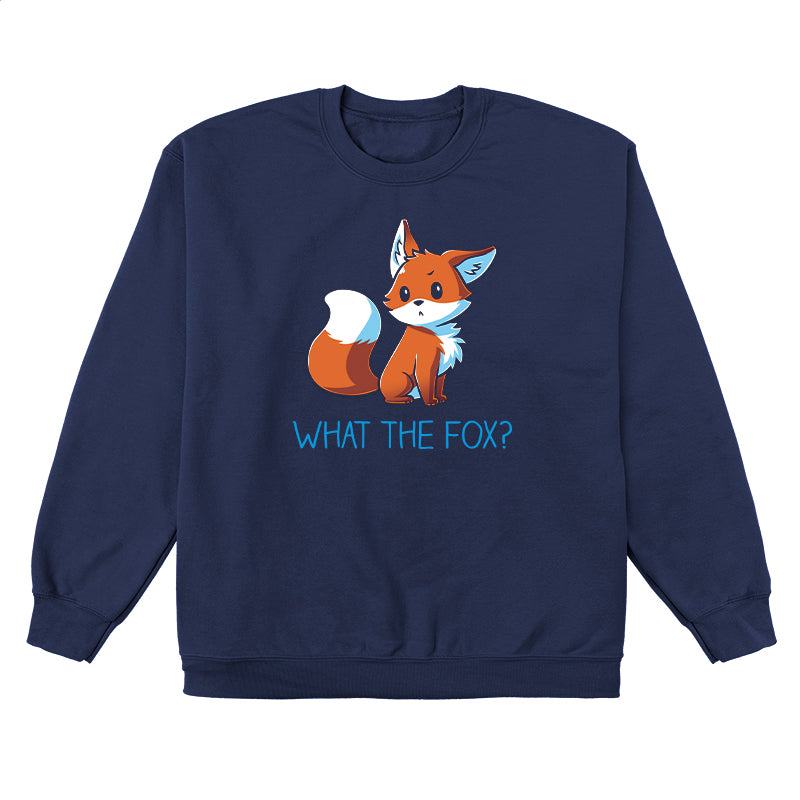 Crew Neck Sweatshirt_TeeTurtle What the Fox? navy blue design featuring an adorable little fox looking quizzical posed above the pun 'What the Fox?'