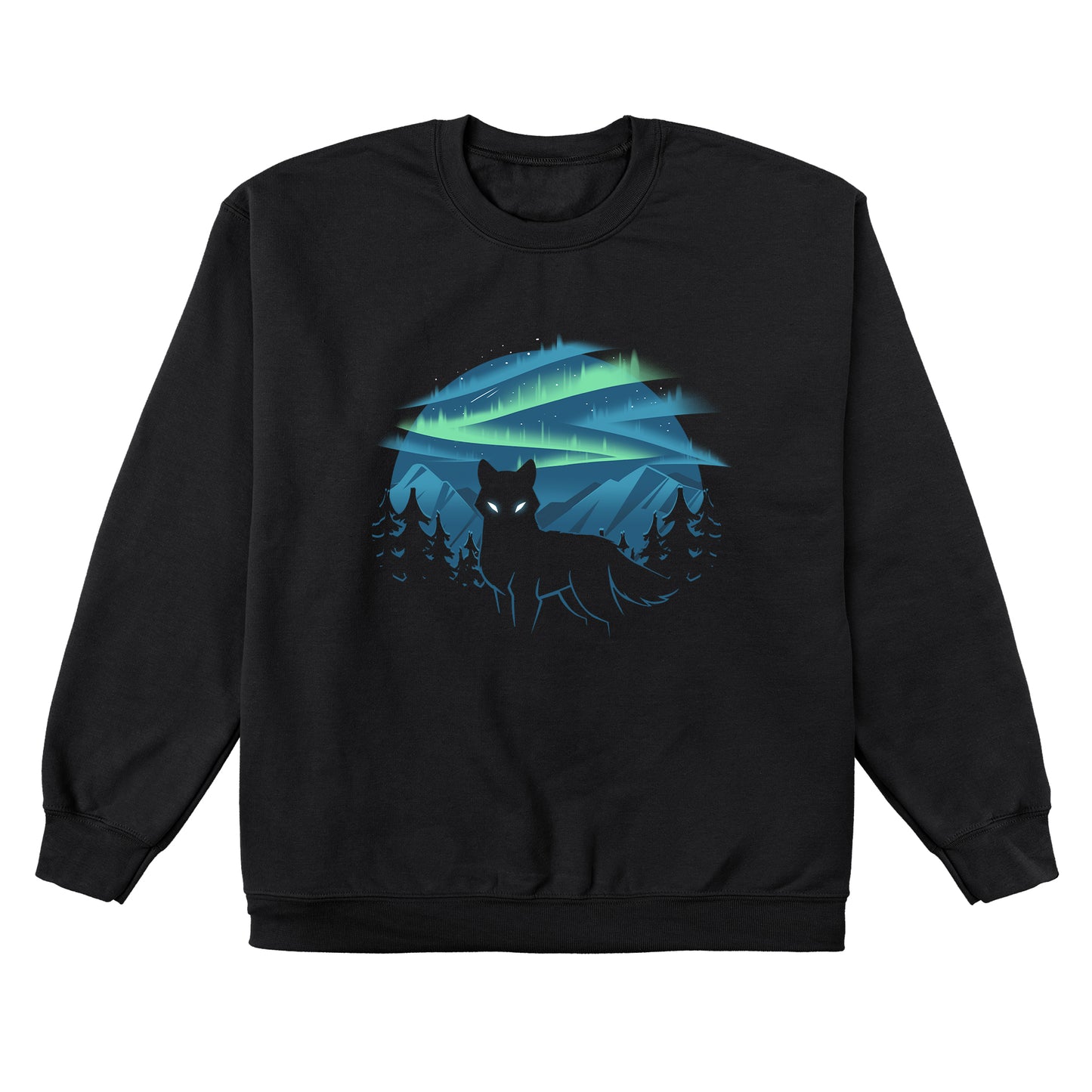 Crew Neck Sweatshirt_A black apparel features a silhouette of a wolf with glowing eyes standing in front of a forest and mountains, with the wild aurora illuminating the night sky in the background. Made of super soft ringspun cotton, this Wild Aurora by monsterdigital is both comfortable and striking.