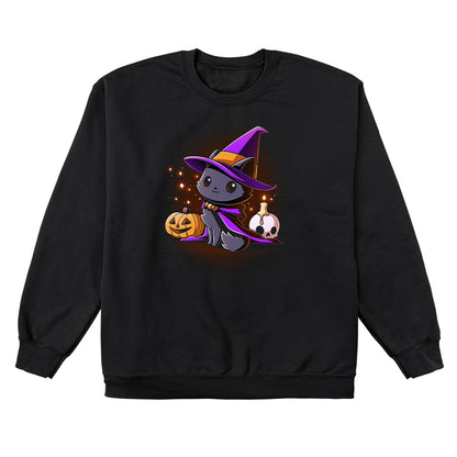 Crew Neck Sweatshirt_TeeTurtle black Witch, I’m Purrfect apparel featuring a black cat wearing a purple witch hat and cloak surrounded by sparkles, a jack-o'-lantern, and a skull with a lit candle on top.