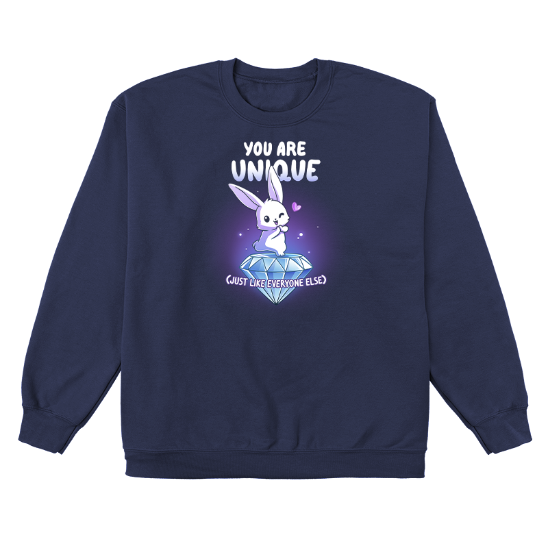 Crew Neck Sweatshirt_TeeTurtle navy blue You Are Unique apparel featuring a winking bunny with a heart standing on top of a giant sparkling diamond with the sarcastic caption, “You are Unique (Just Like Everyone Else)“.