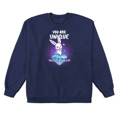 Crew Neck Sweatshirt_TeeTurtle navy blue You Are Unique apparel featuring a winking bunny with a heart standing on top of a giant sparkling diamond with the sarcastic caption, “You are Unique (Just Like Everyone Else)“.