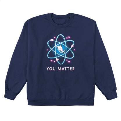 Crew Neck Sweatshirt_TeeTurtle You Matter navy blue design featuring a cat hugging a heart, surrounded by an atomic structure.