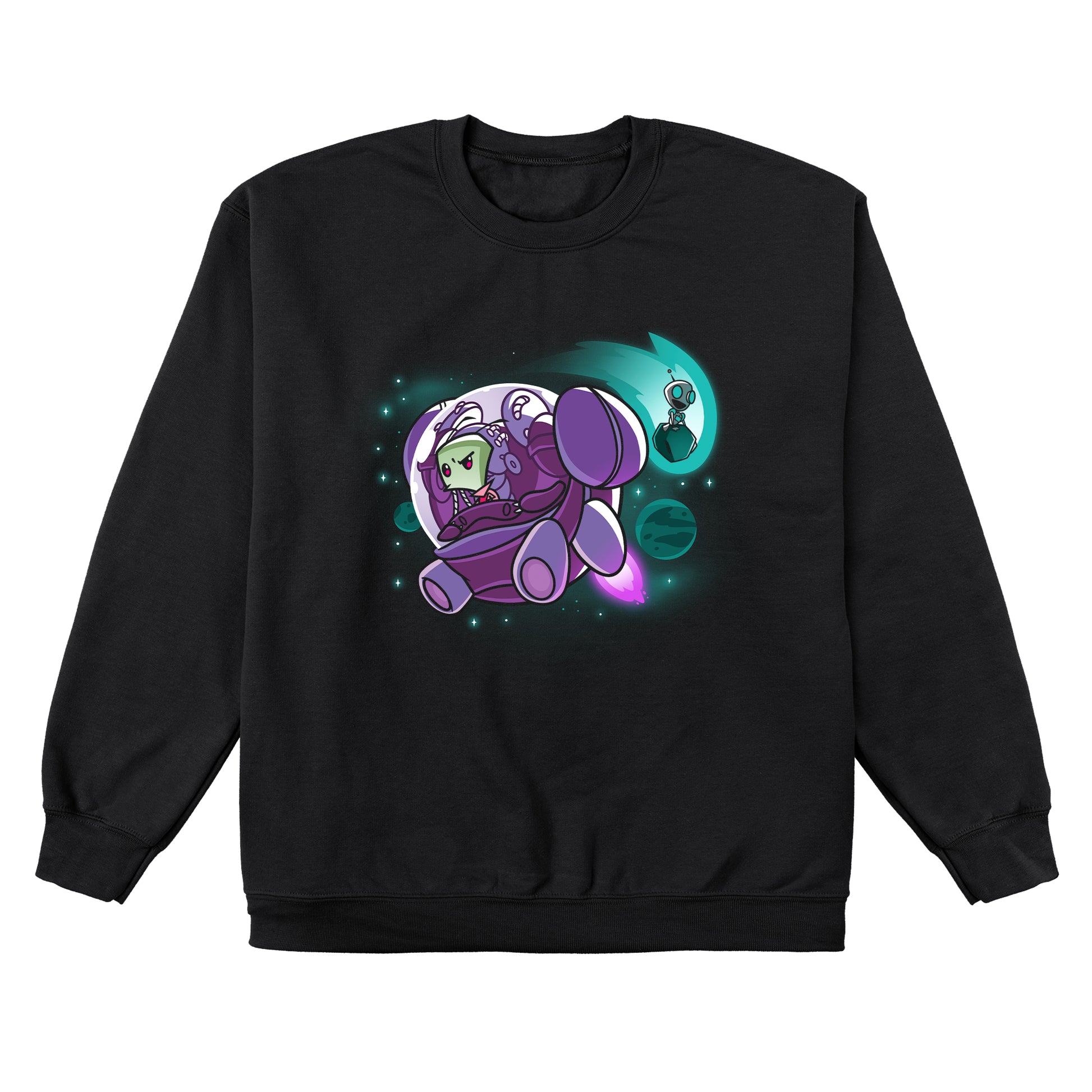 Crew Neck Sweatshirt_TeeTurtle black Zim and Gir in Space apparel featuring Zim in a spaceship, and Gir sitting on an asteroid with planets in the background.
